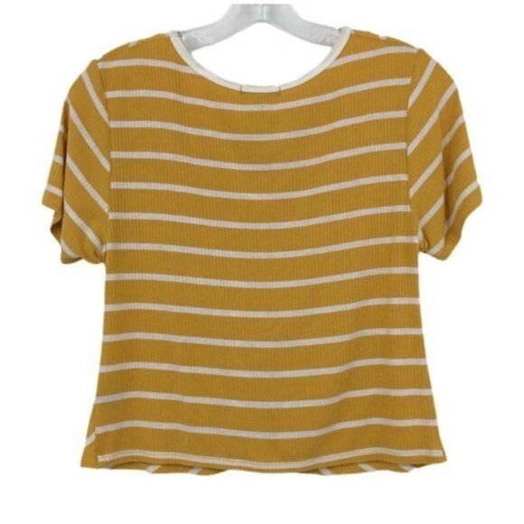 Fashion Nova Cropped Knit Top Mustard Yellow & White Stripe Knot Front Size L - Picture 2 of 15